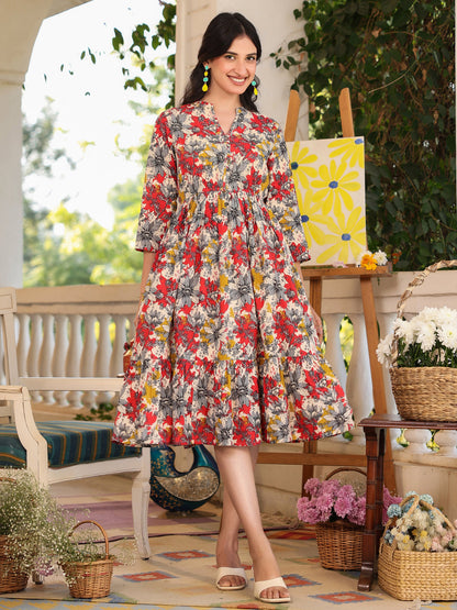 Janasya Dark Cotton Floral Tiered Dress