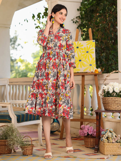 Janasya Dark Cotton Floral Tiered Dress