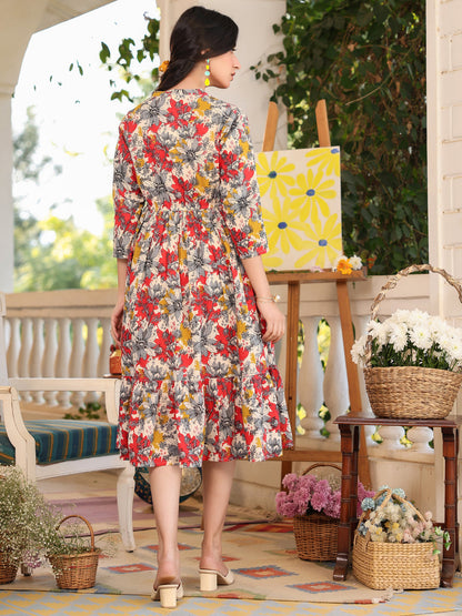 Janasya Dark Cotton Floral Tiered Dress
