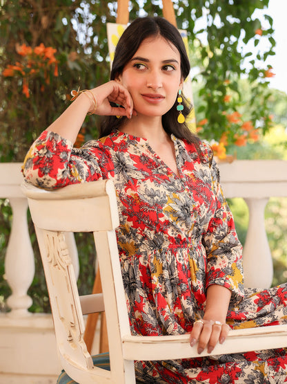 Janasya Dark Cotton Floral Tiered Dress