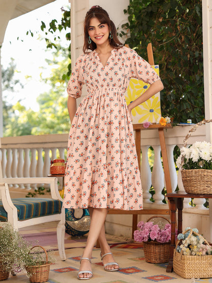 Janasya Light Cotton Floral Tiered Dress