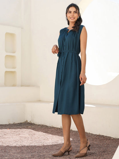 Janasya Dark Rayon Solid A-Line Dress