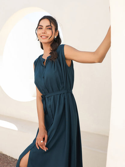 Janasya Dark Rayon Solid A-Line Dress