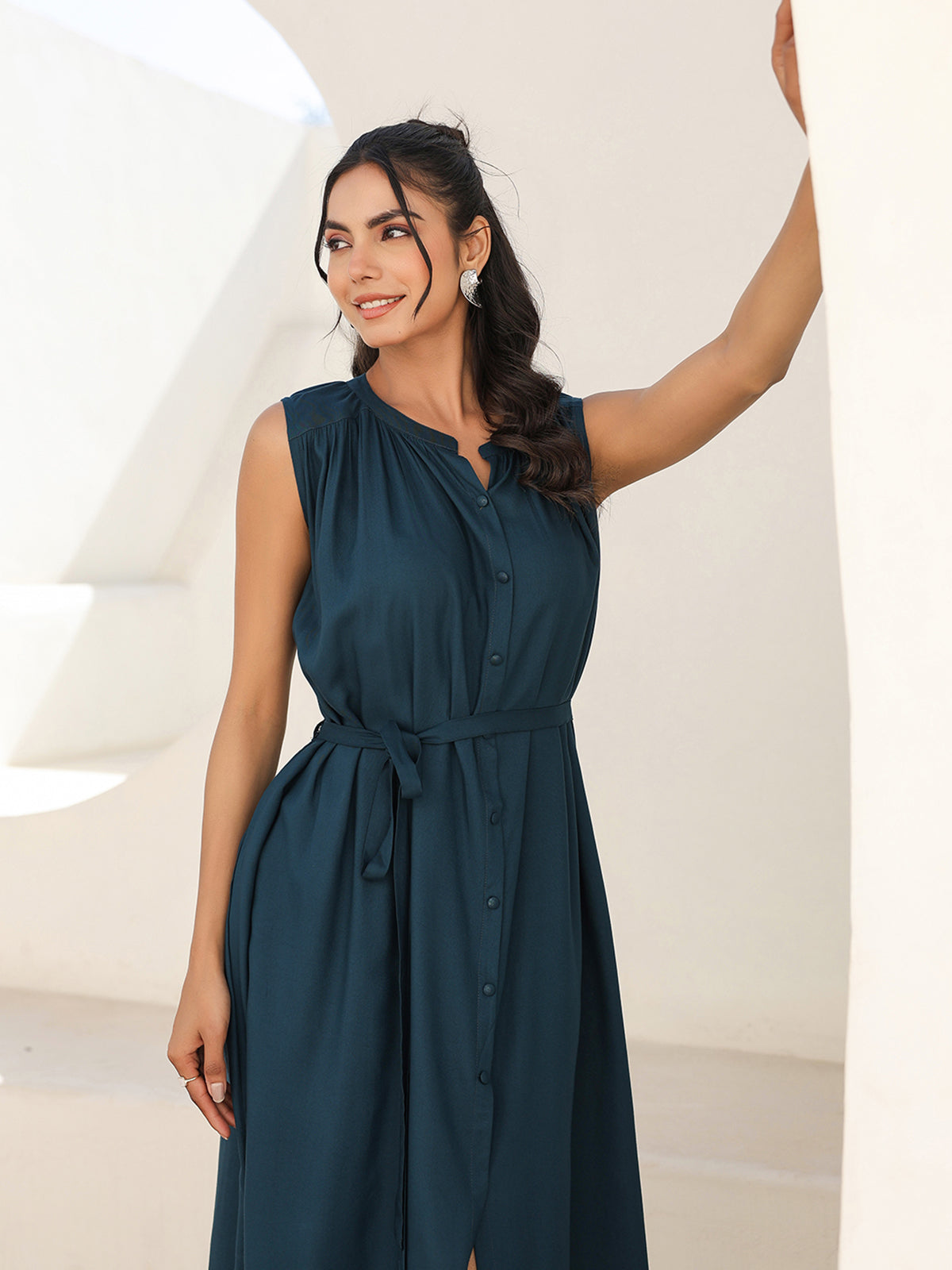 Janasya Dark Rayon Solid A-Line Dress