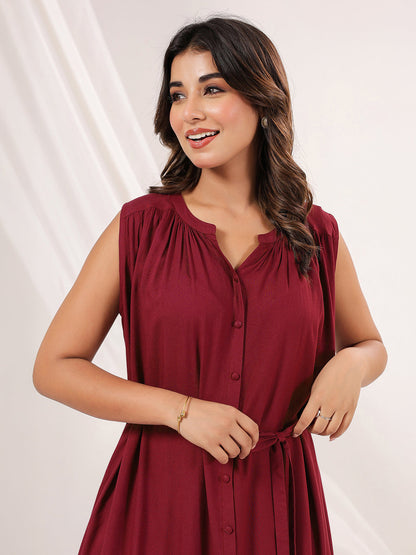 Janasya Dark Rayon Solid A-Line Dress