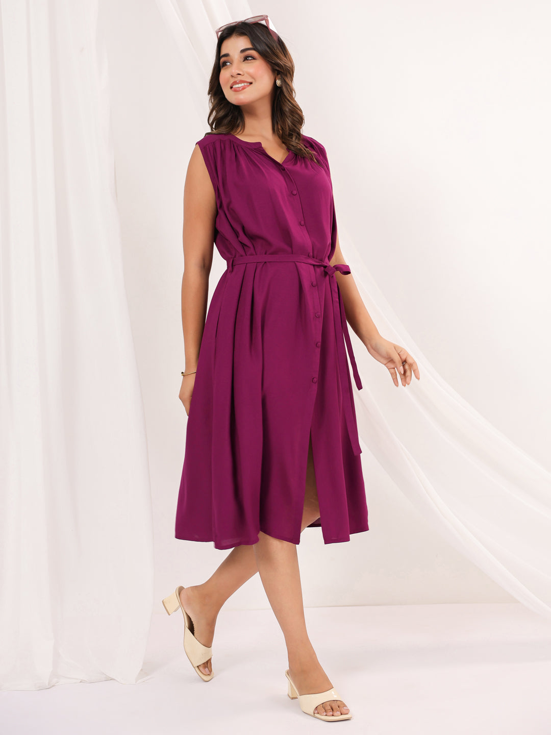 Janasya Dark Rayon Solid A-Line Dress