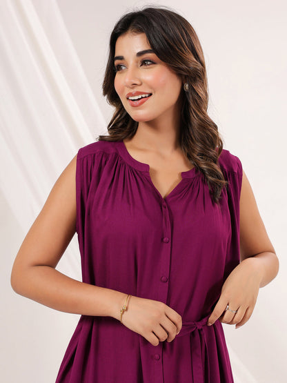 Janasya Dark Rayon Solid A-Line Dress