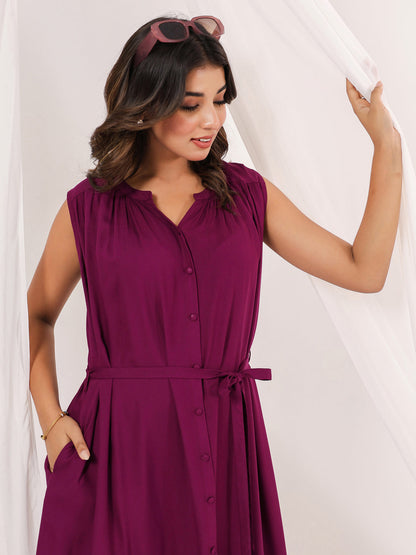 Janasya Dark Rayon Solid A-Line Dress