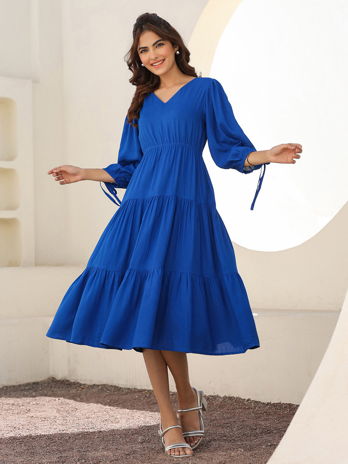 Janasya Bright Rayon Solid Tiered Dress