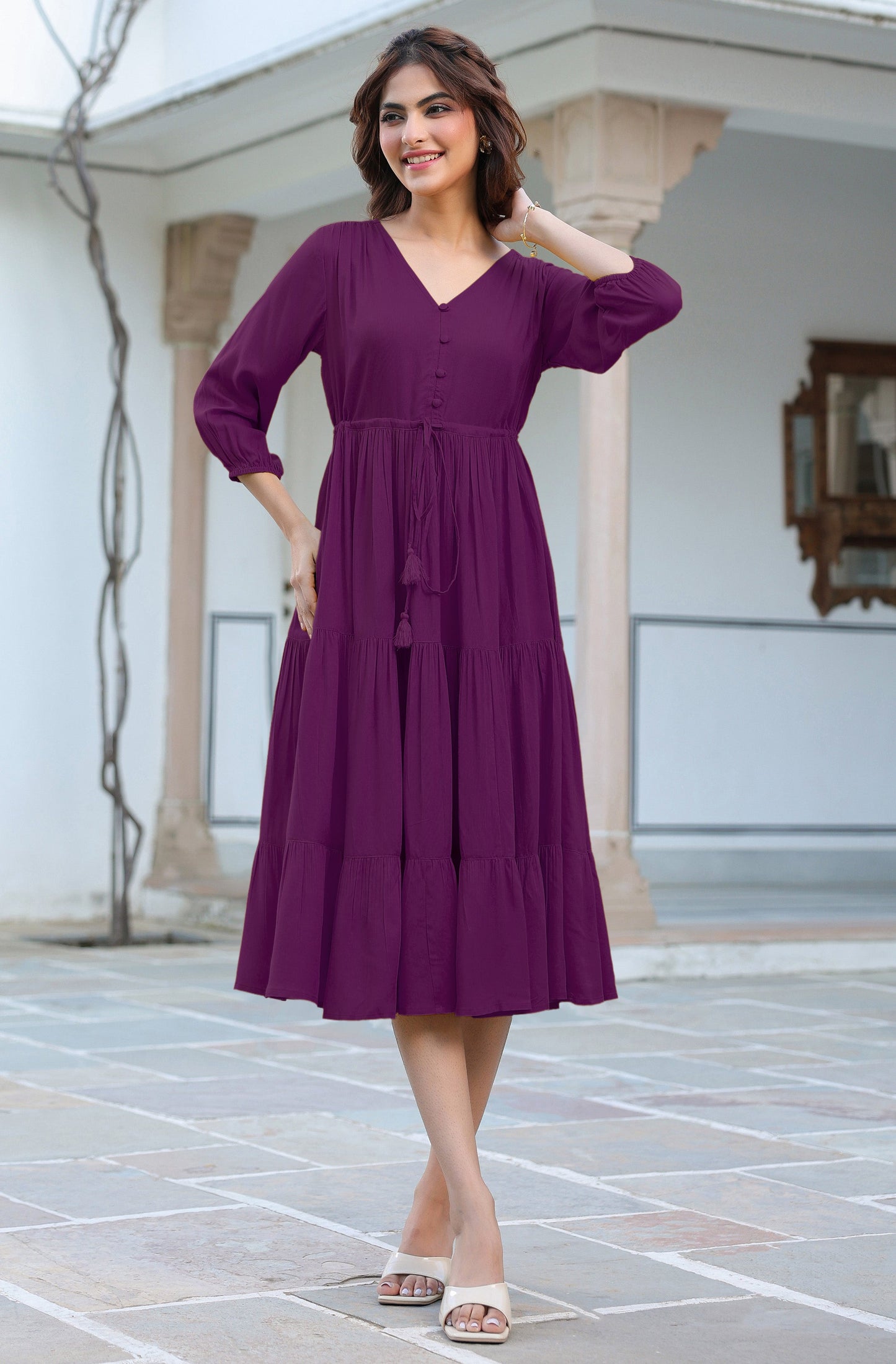 Janasya Dark Rayon Solid Tiered Dress