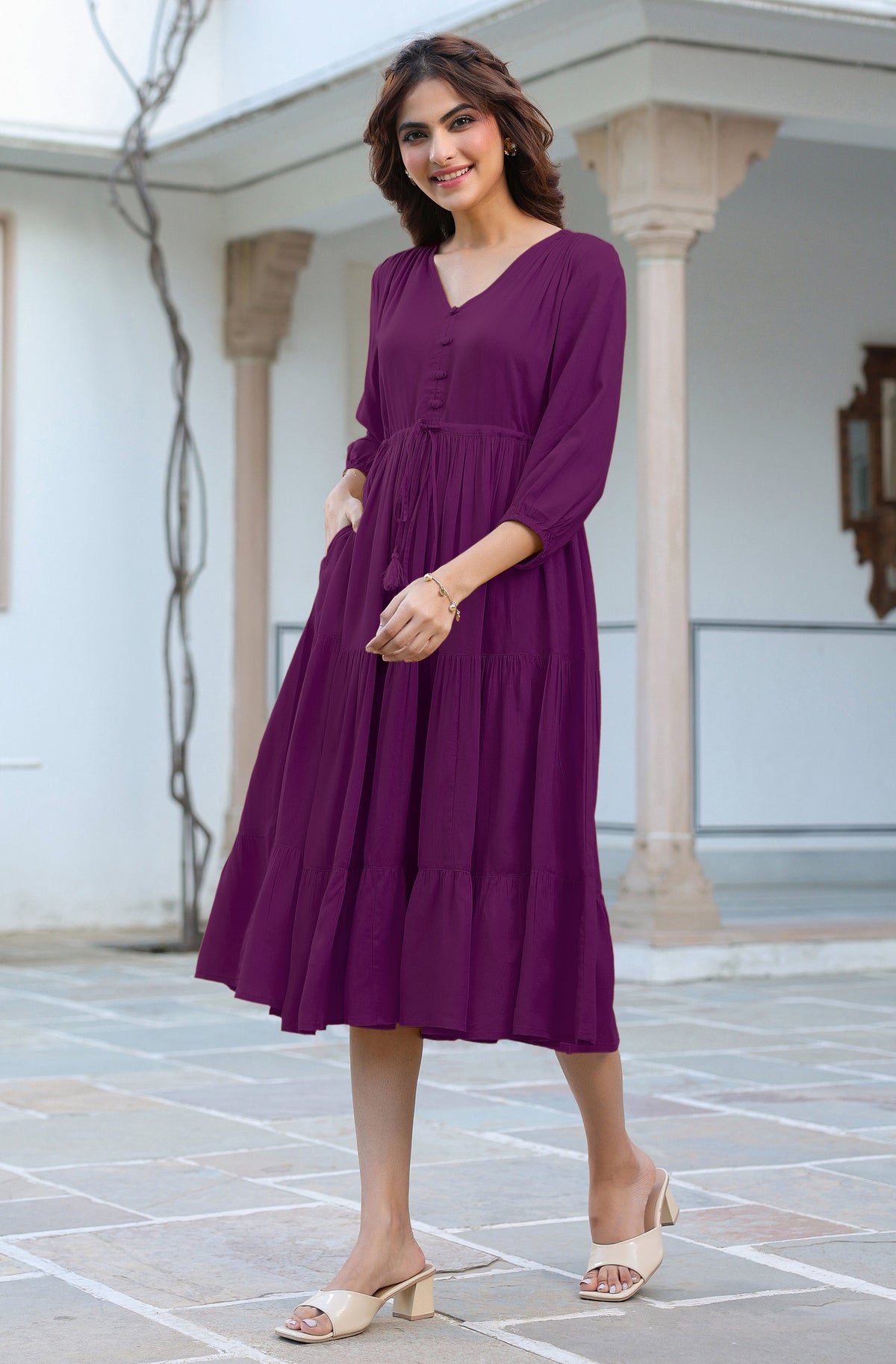 Janasya Dark Rayon Solid Tiered Dress