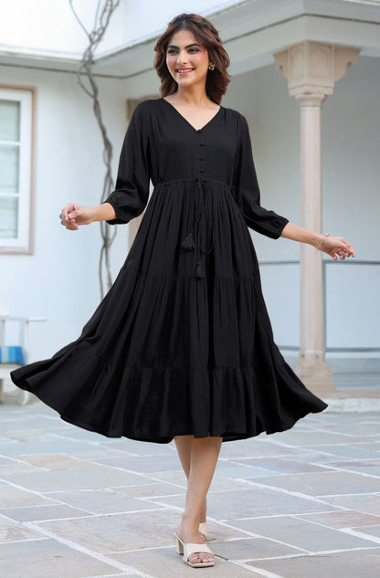Janasya Dark Rayon Solid Tiered Dress