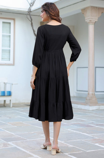 Janasya Dark Rayon Solid Tiered Dress