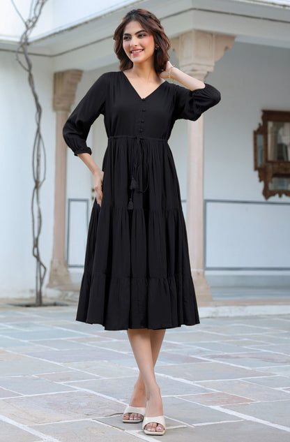 Janasya Dark Rayon Solid Tiered Dress