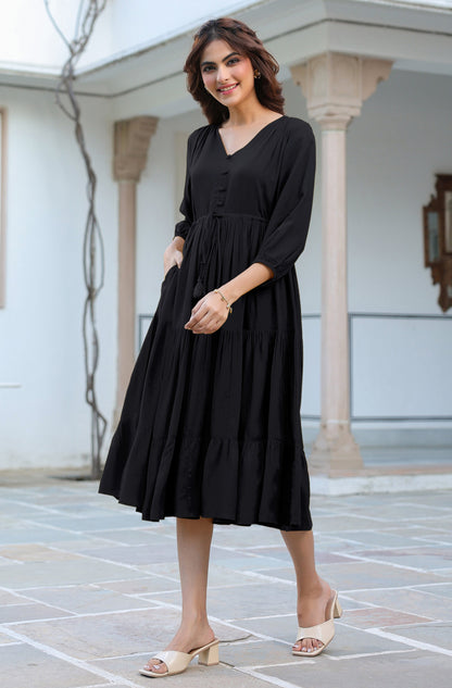 Janasya Dark Rayon Solid Tiered Dress