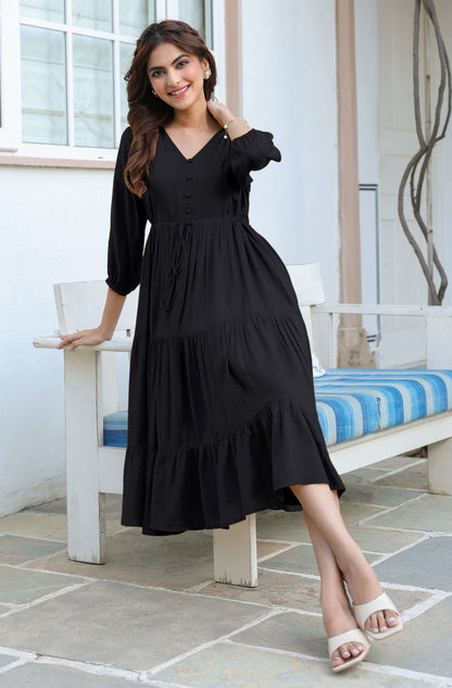 Janasya Dark Rayon Solid Tiered Dress