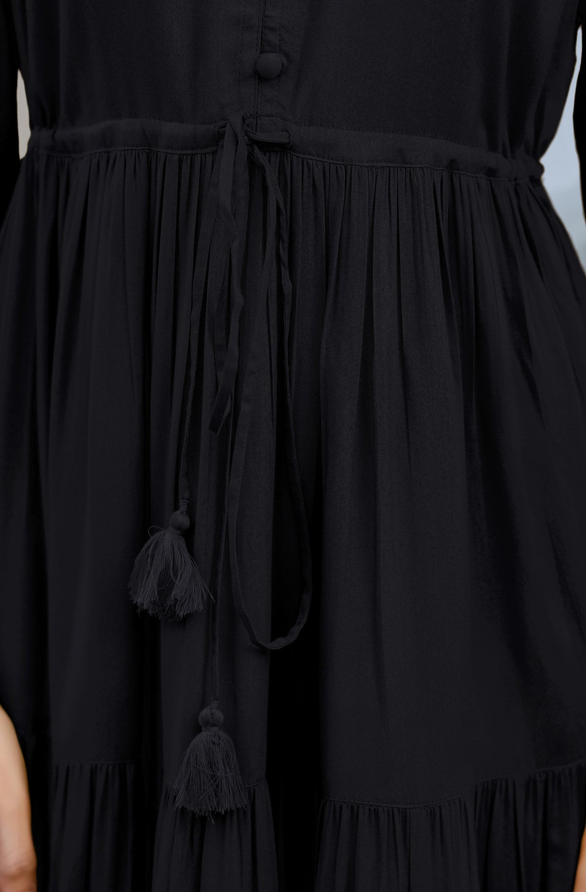 Janasya Dark Rayon Solid Tiered Dress
