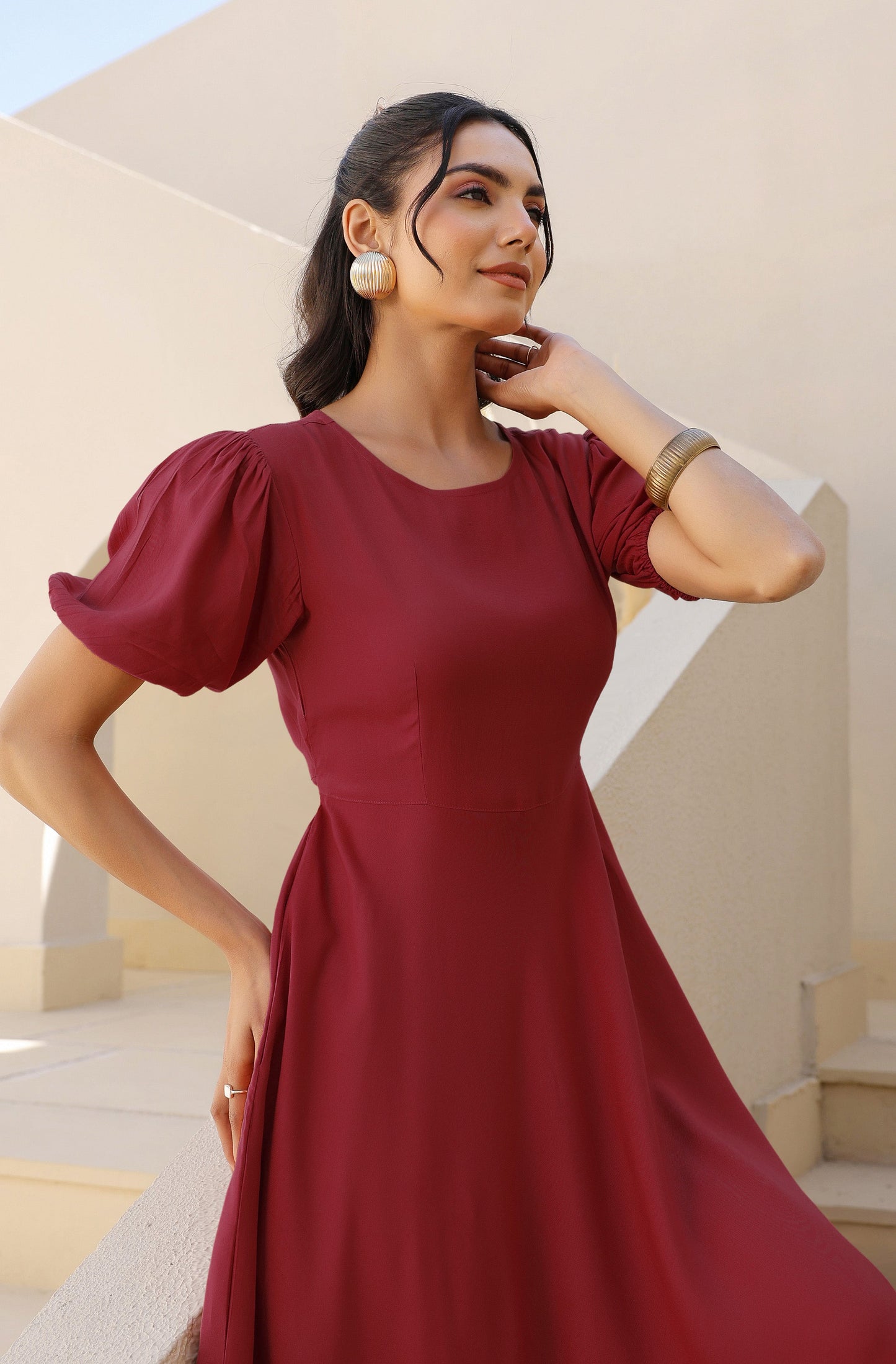 Janasya Dark Rayon Solid A-Line Dress