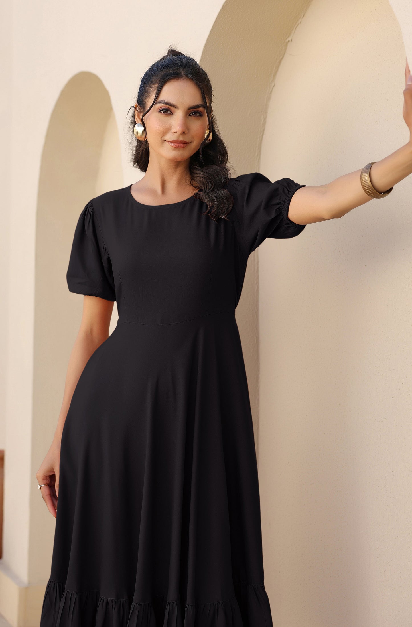 Janasya Dark Rayon Solid A-Line Dress