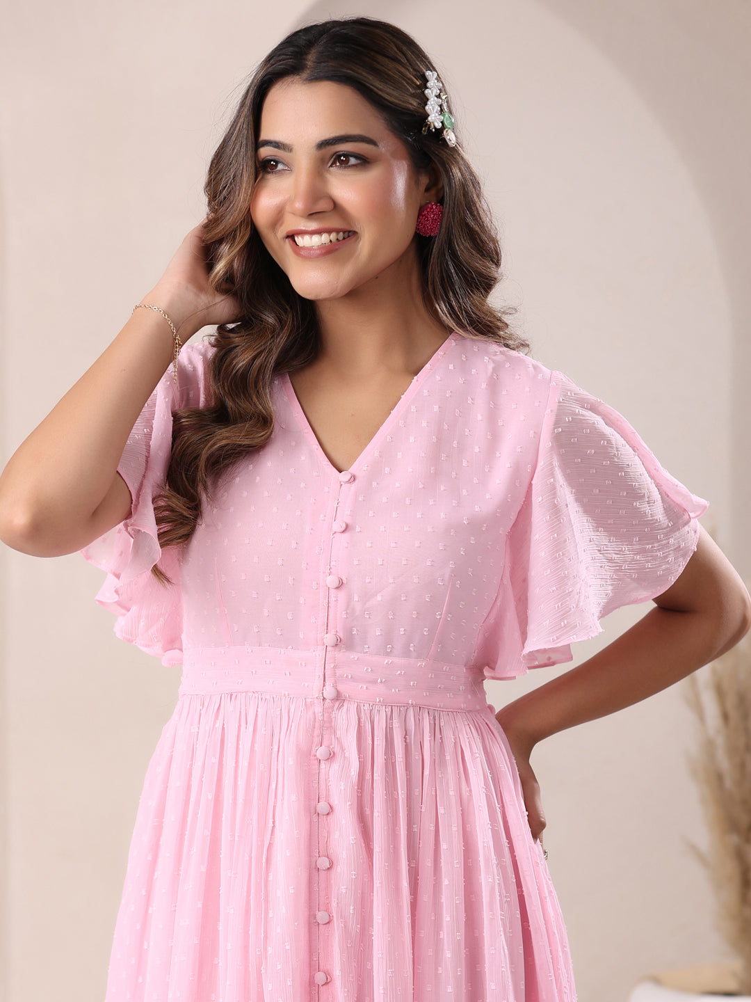 Janasya Light Dobby Chiffon Self Design A-Line Dress