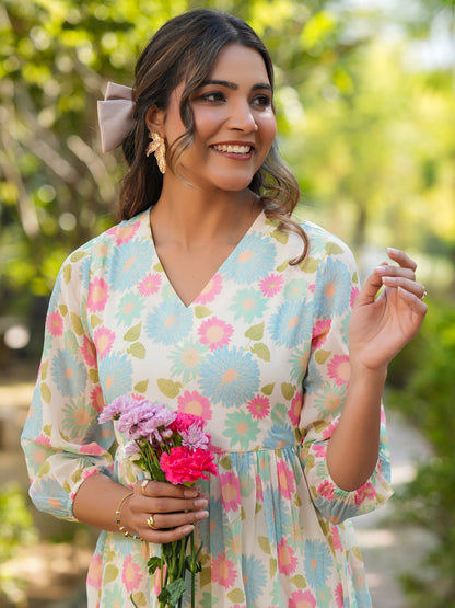 Janasya Bright Georgette Floral Tiered Dress