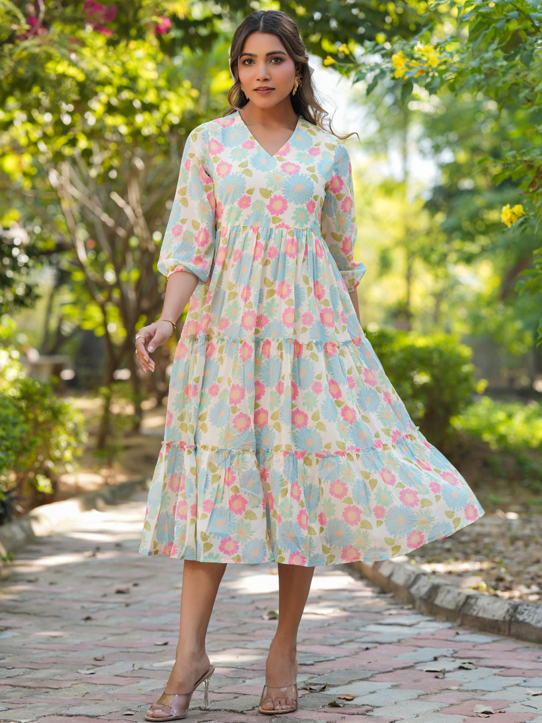 Janasya Bright Georgette Floral Tiered Dress