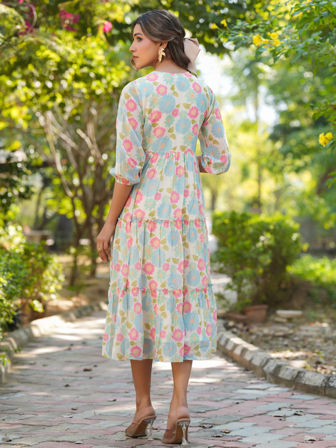 Janasya Bright Georgette Floral Tiered Dress
