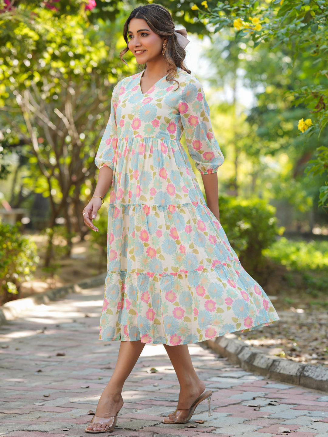 Janasya Bright Georgette Floral Tiered Dress