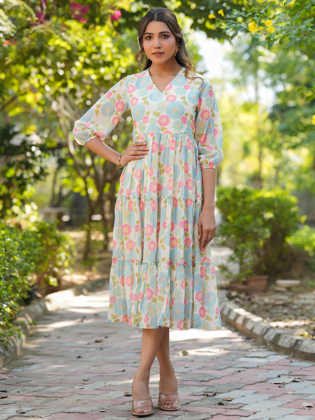 Janasya Bright Georgette Floral Tiered Dress