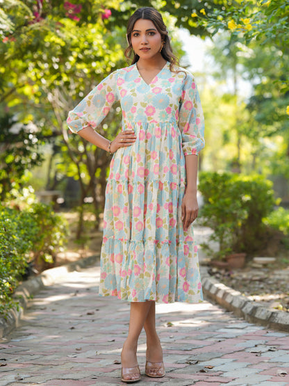 Janasya Bright Georgette Floral Tiered Dress