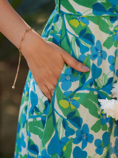Janasya Bright Cotton Floral Fit & Flare Dress