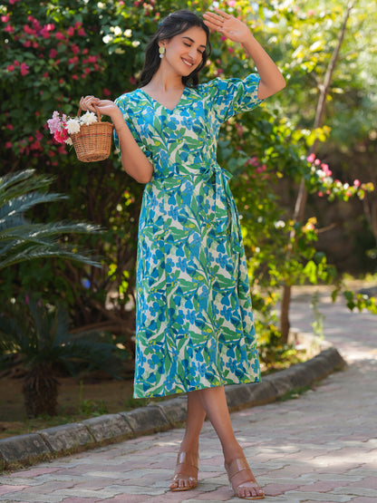 Janasya Bright Cotton Floral Fit & Flare Dress