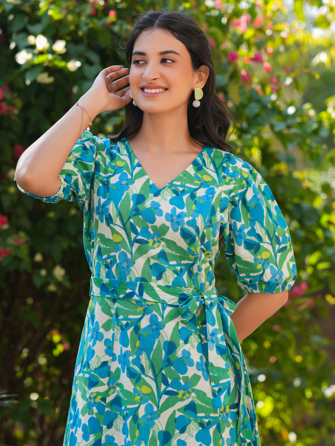 Janasya Bright Cotton Floral Fit & Flare Dress