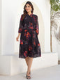 Janasya Dark Georgette Floral Tiered Dress