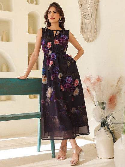 Janasya Dark Georgette Floral Gathered Dress
