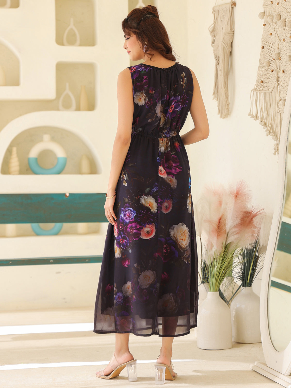 Janasya Dark Georgette Floral Gathered Dress