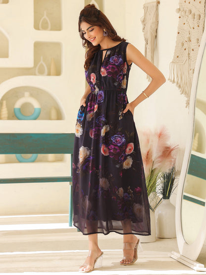 Janasya Dark Georgette Floral Gathered Dress
