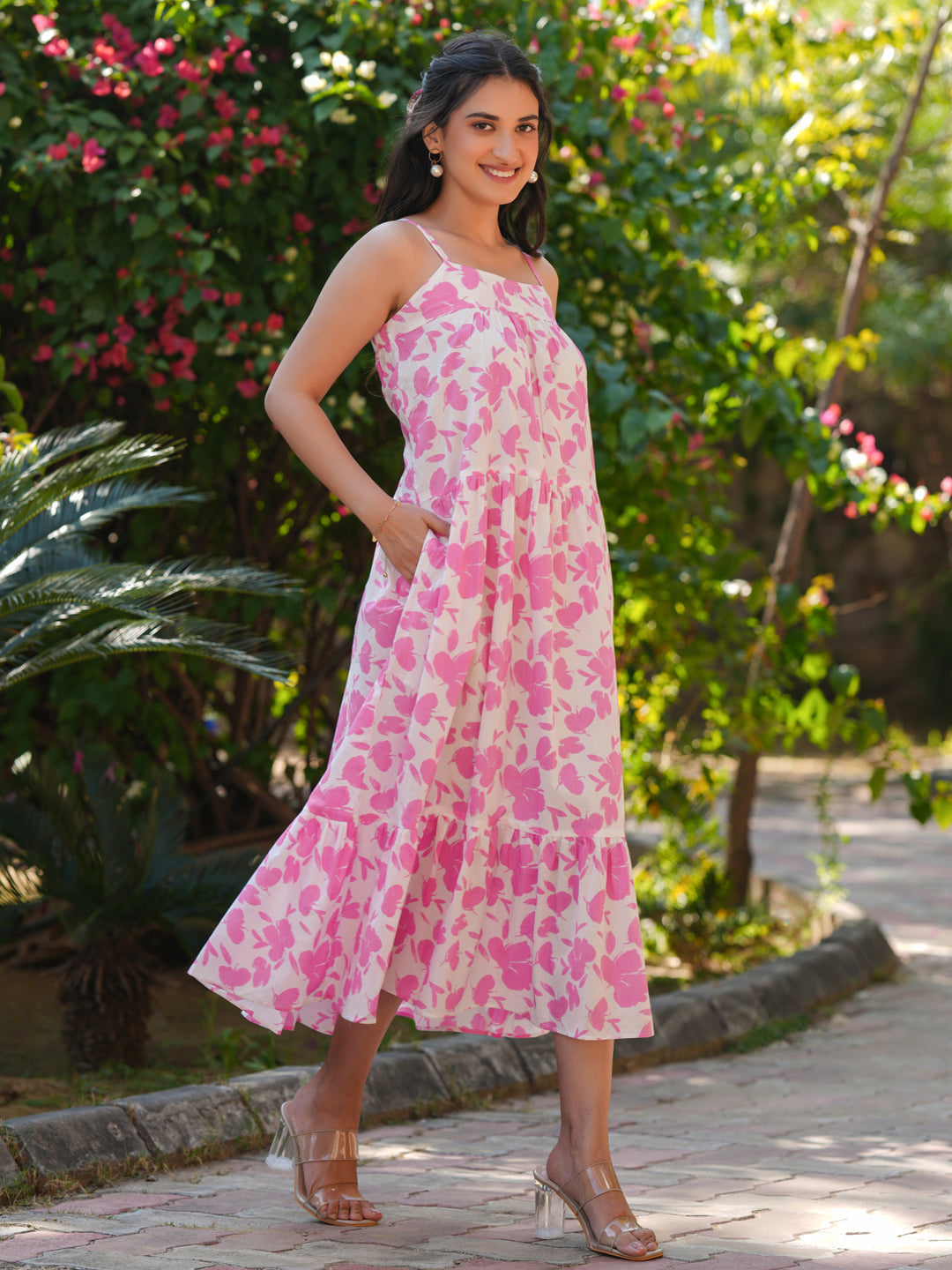 Janasya Light Cotton Abstract Tiered Dress