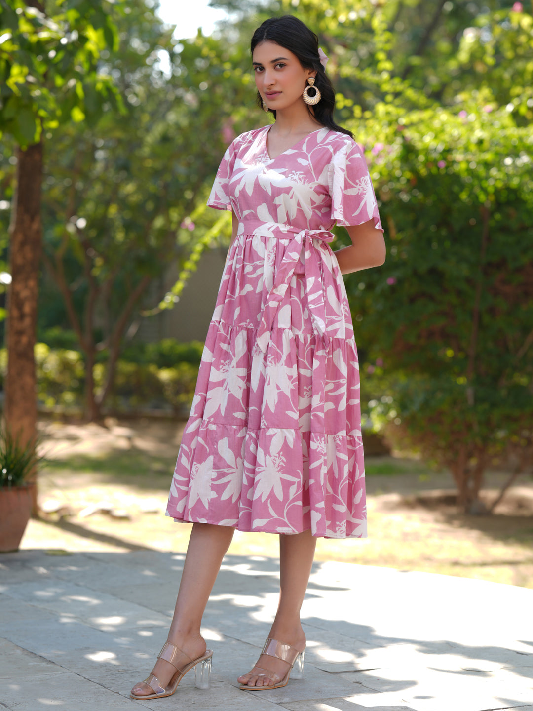 Janasya Light Cotton Floral Tiered Dress