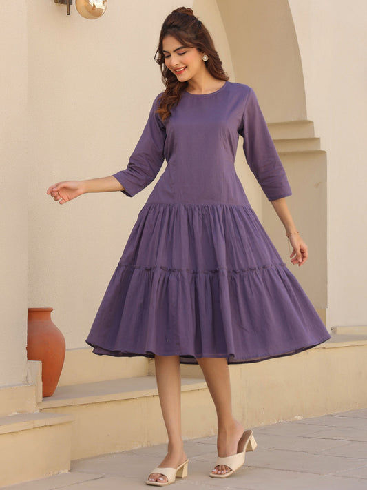 Janasya Light Cotton Solid A-Line DRESS