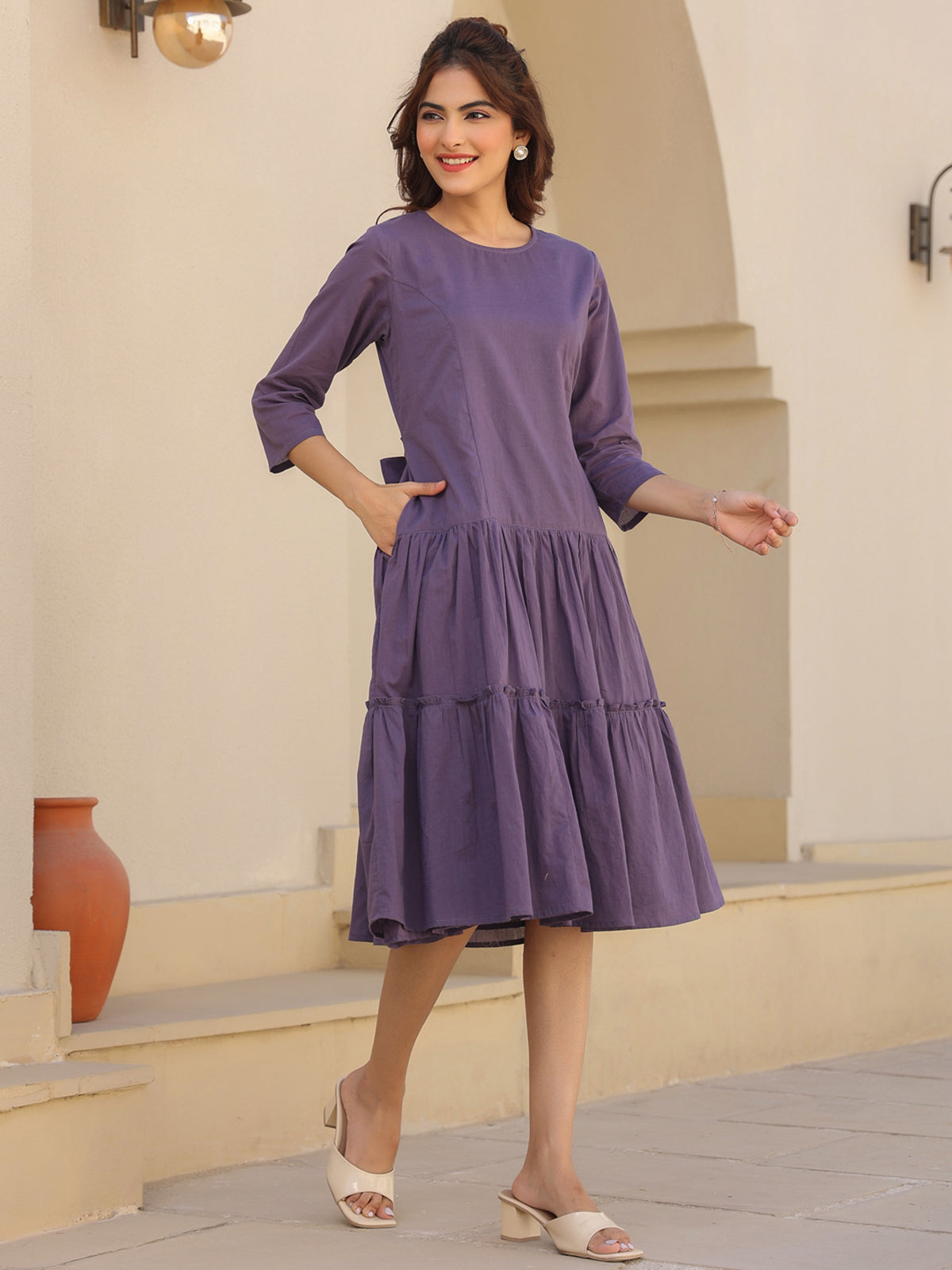 Janasya Light Cotton Solid A-Line DRESS