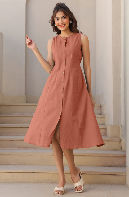 Janasya Dark Cotton Solid A-Line Dress
