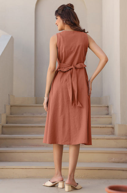 Janasya Dark Cotton Solid A-Line Dress