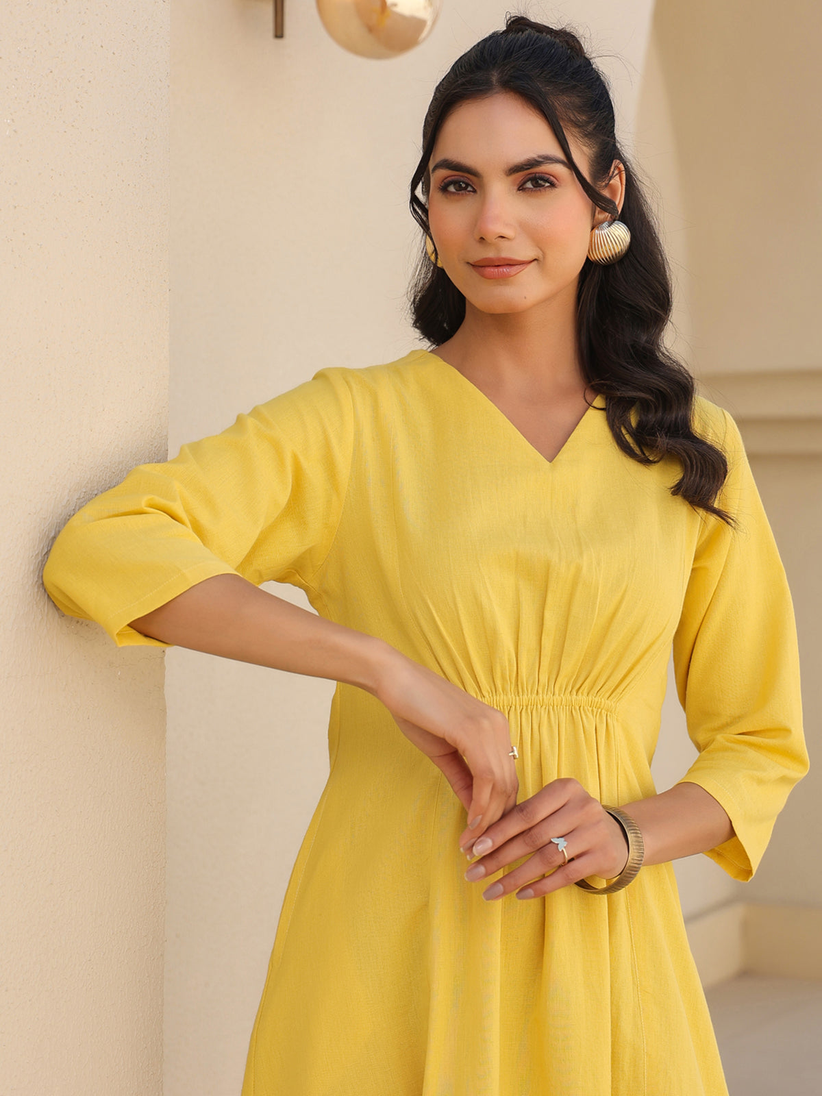 Janasya Bright Cotton Solid A-Line Dress