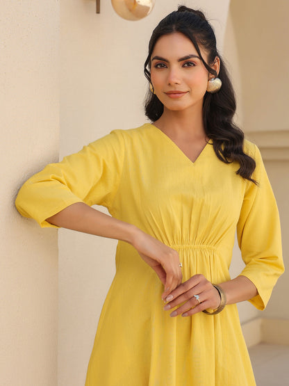 Janasya Bright Cotton Solid A-Line Dress