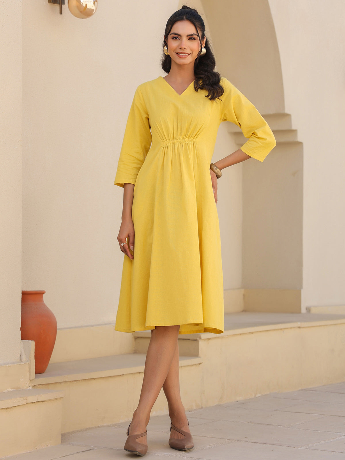 Janasya Bright Cotton Solid A-Line Dress