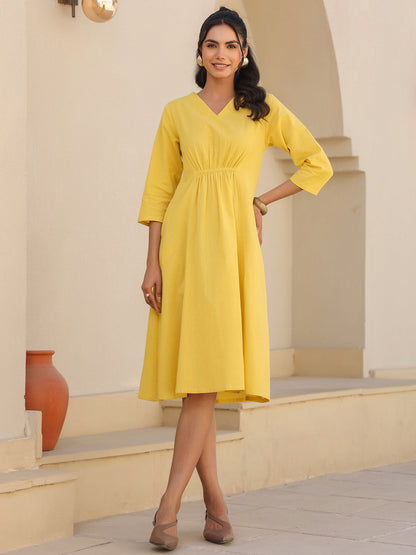 Janasya Bright Cotton Solid A-Line Dress