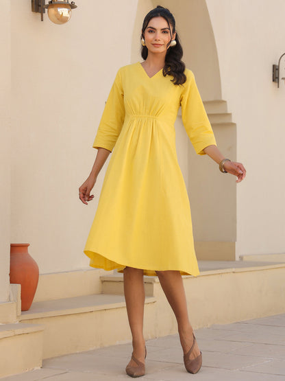 Janasya Bright Cotton Solid A-Line Dress