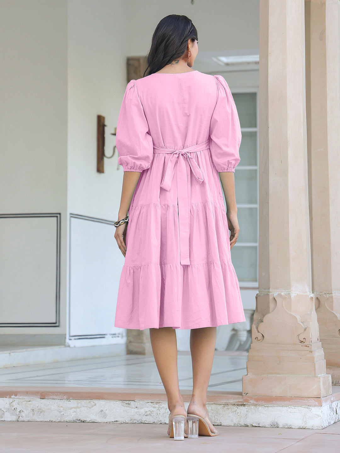 Janasya Bright Cotton Solid Tiered Dress