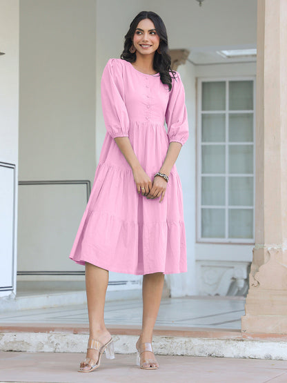 Janasya Bright Cotton Solid Tiered Dress
